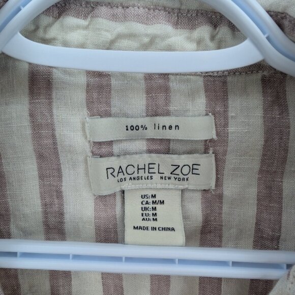 100 Linen Rachel Zoe Womens Medium Striped Purple Beige Button Down Top - Picture 3 of 7